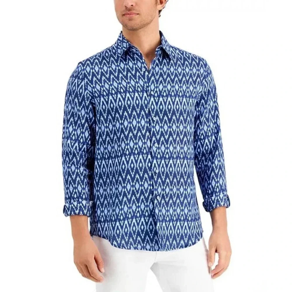 Club Room Luxury Men's Ikat Breeze‎ Linen Button Down Shirt Size S